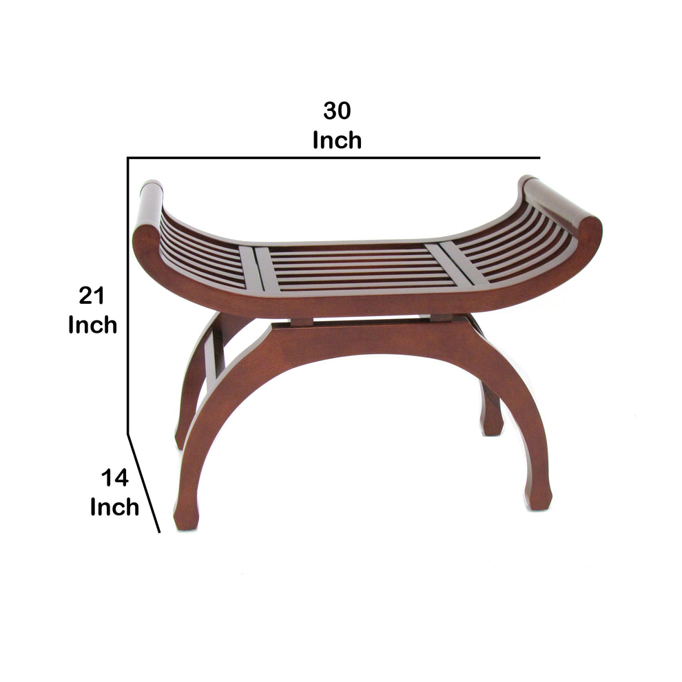 Curved Design Mission Style Stool With Slatted Seating, Brown By Benzara | Stools | Modishstore - 5