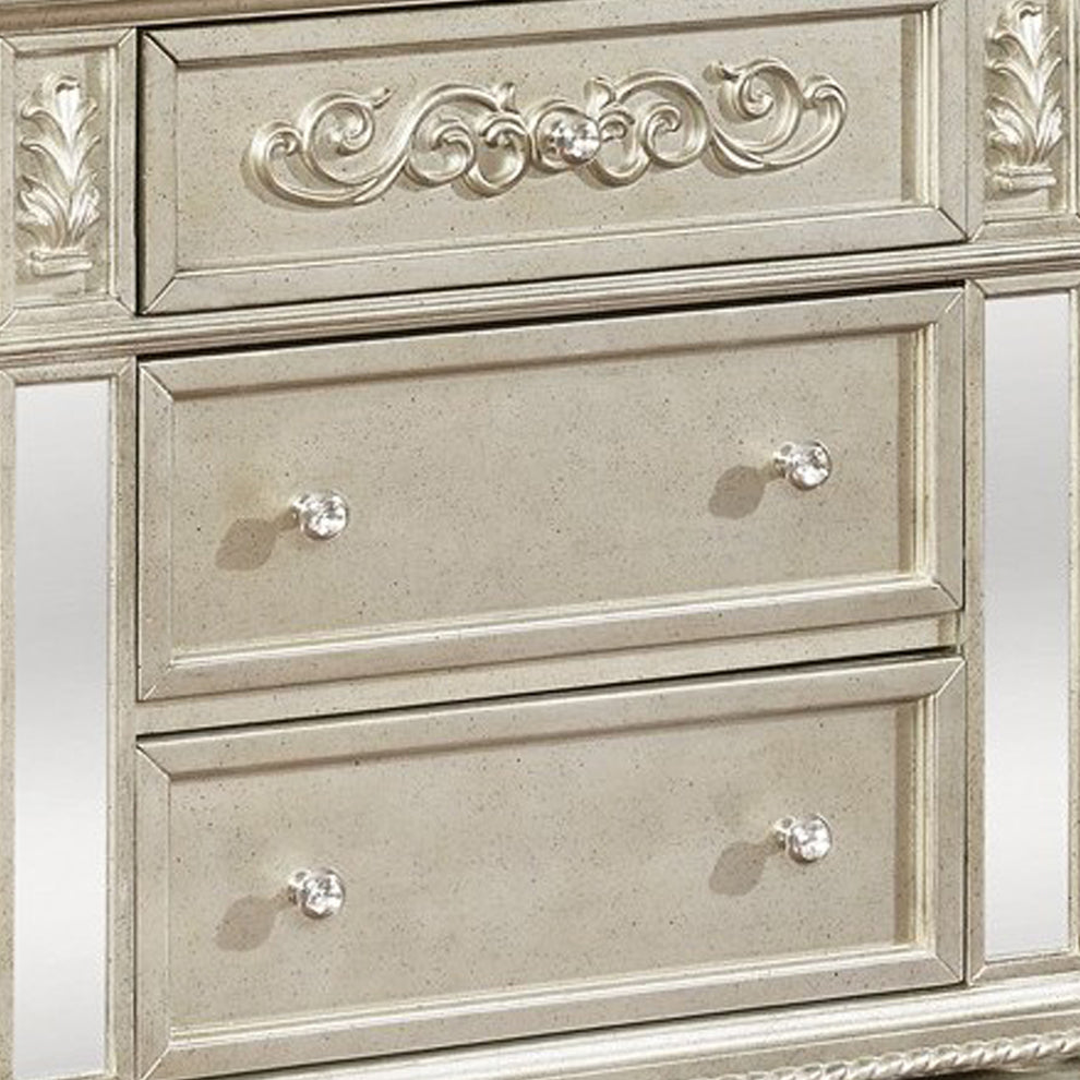 3 Drawers Nightstand With Ornate Carving And Usb Ports, Silver By Benzara | Nightstands | Modishstore - 3