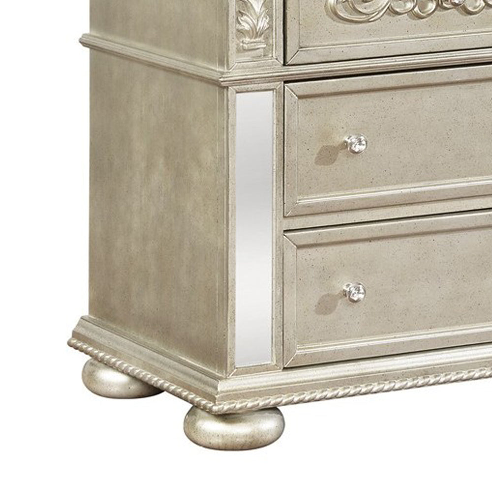 3 Drawers Nightstand With Ornate Carving And Usb Ports, Silver By Benzara | Nightstands | Modishstore - 4