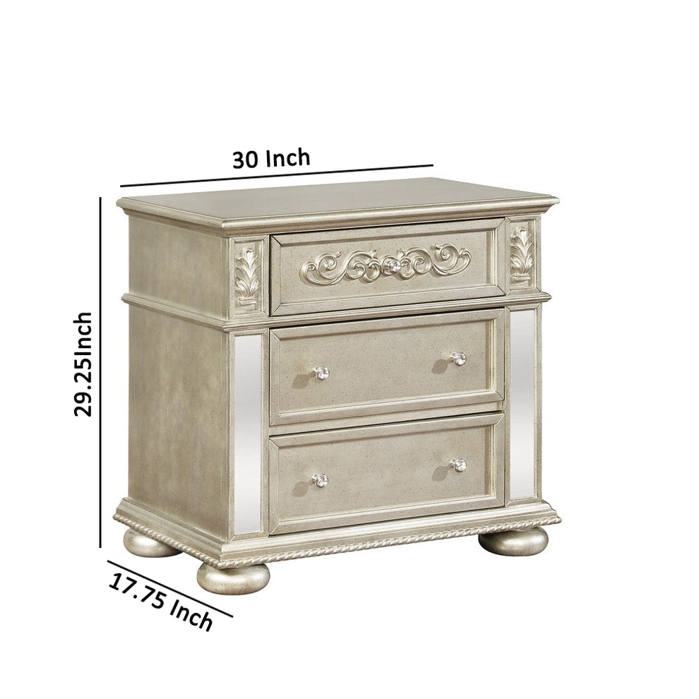 3 Drawers Nightstand With Ornate Carving And Usb Ports, Silver By Benzara | Nightstands | Modishstore - 5