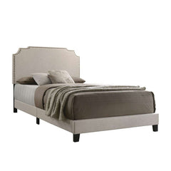 Fabric Upholstered Wooden Queen Size Bed With Nailhead Trims, Beige By Benzara
