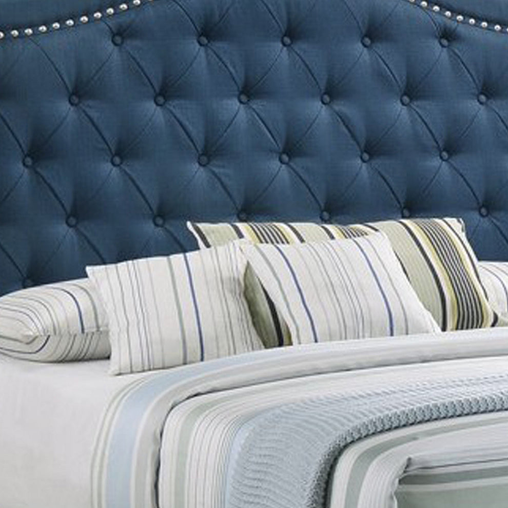 Fabric Upholstered Wooden Demi Wing Full Bed With Camelback Headboard, Blue By Benzara | Beds | Modishstore - 3