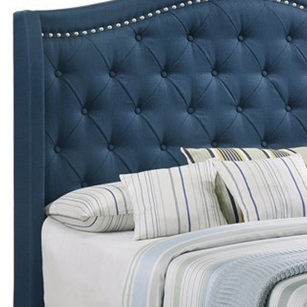 Fabric Upholstered Wooden Demi Wing Full Bed With Camelback Headboard, Blue By Benzara | Beds | Modishstore - 4