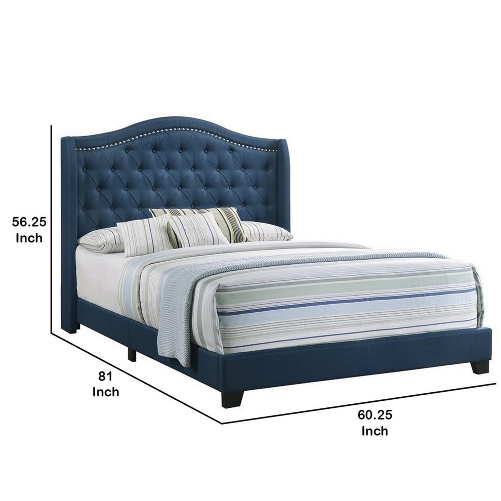 Fabric Upholstered Wooden Demi Wing Full Bed With Camelback Headboard, Blue By Benzara | Beds | Modishstore - 5