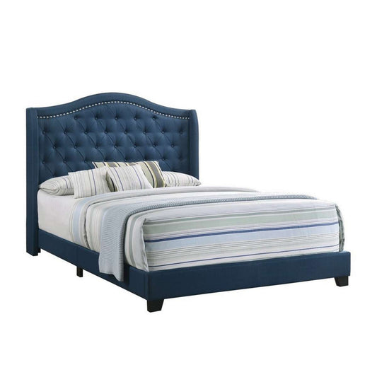 Fabric Upholstered Wooden Demi Wing Queen Bed With Camelback Headboard,Blue By Benzara | Beds |  Modishstore 