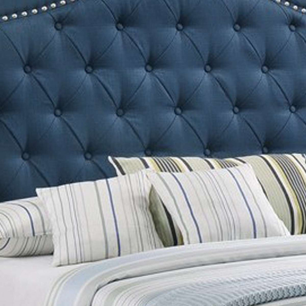 Fabric Upholstered Wooden Demi Wing Queen Bed With Camelback Headboard,Blue By Benzara | Beds |  Modishstore  - 4
