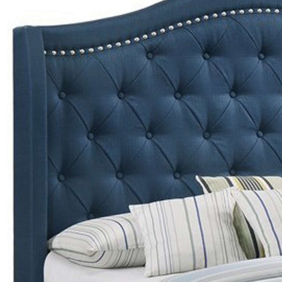 Fabric Upholstered Wooden Demi Wing Queen Bed With Camelback Headboard,Blue By Benzara | Beds |  Modishstore  - 3