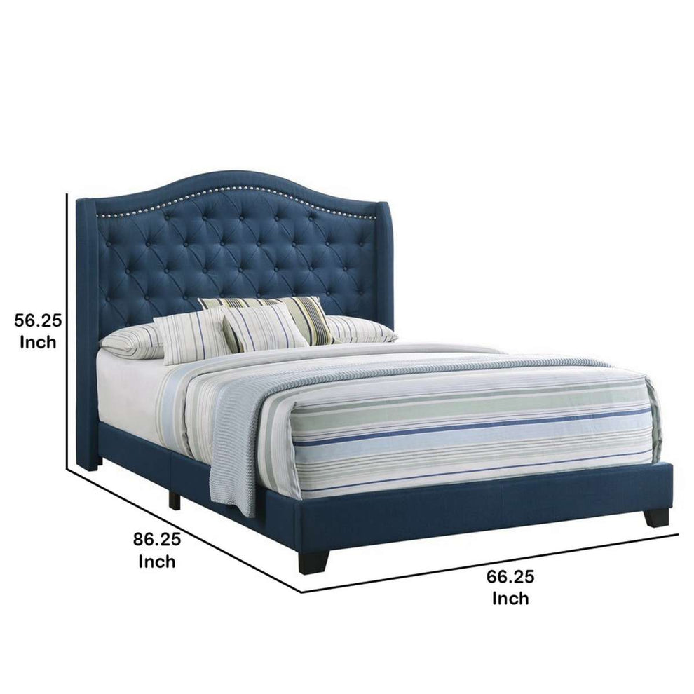 Fabric Upholstered Wooden Demi Wing Queen Bed With Camelback Headboard,Blue By Benzara | Beds |  Modishstore  - 2
