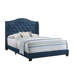 Fabric Upholstered Wooden Demi Wing Queen Bed With Camelback Headboard,Blue By Benzara