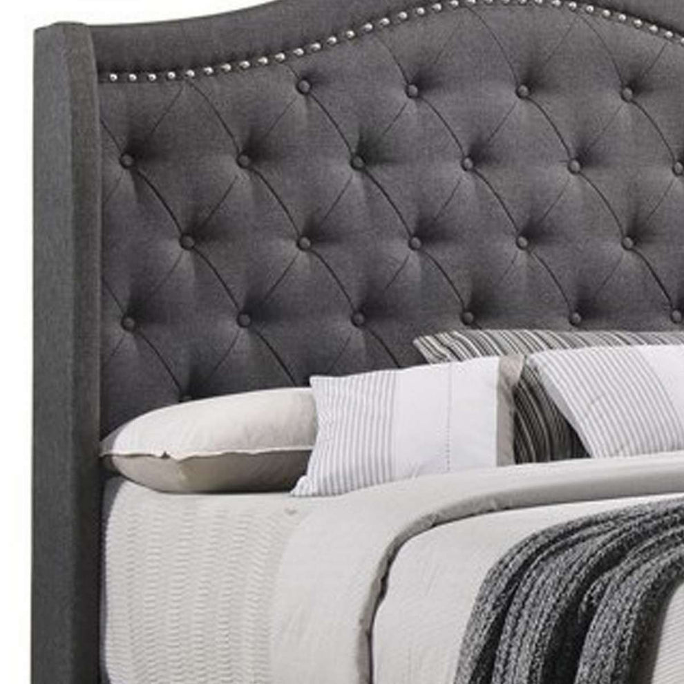Fabric Upholstered Wooden Demi Wing Full Bed With Camelback Headboard, Gray By Benzara | Beds |  Modishstore  - 3