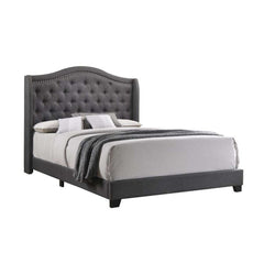 Fabric Upholstered Wooden Demi Wing Full Bed With Camelback Headboard, Gray By Benzara