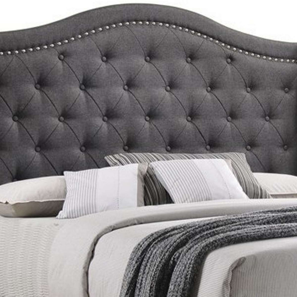Fabric Upholstered Wooden Demi Wing Queen Bed With Camelback Headboard,Gray By Benzara | Beds |  Modishstore  - 3