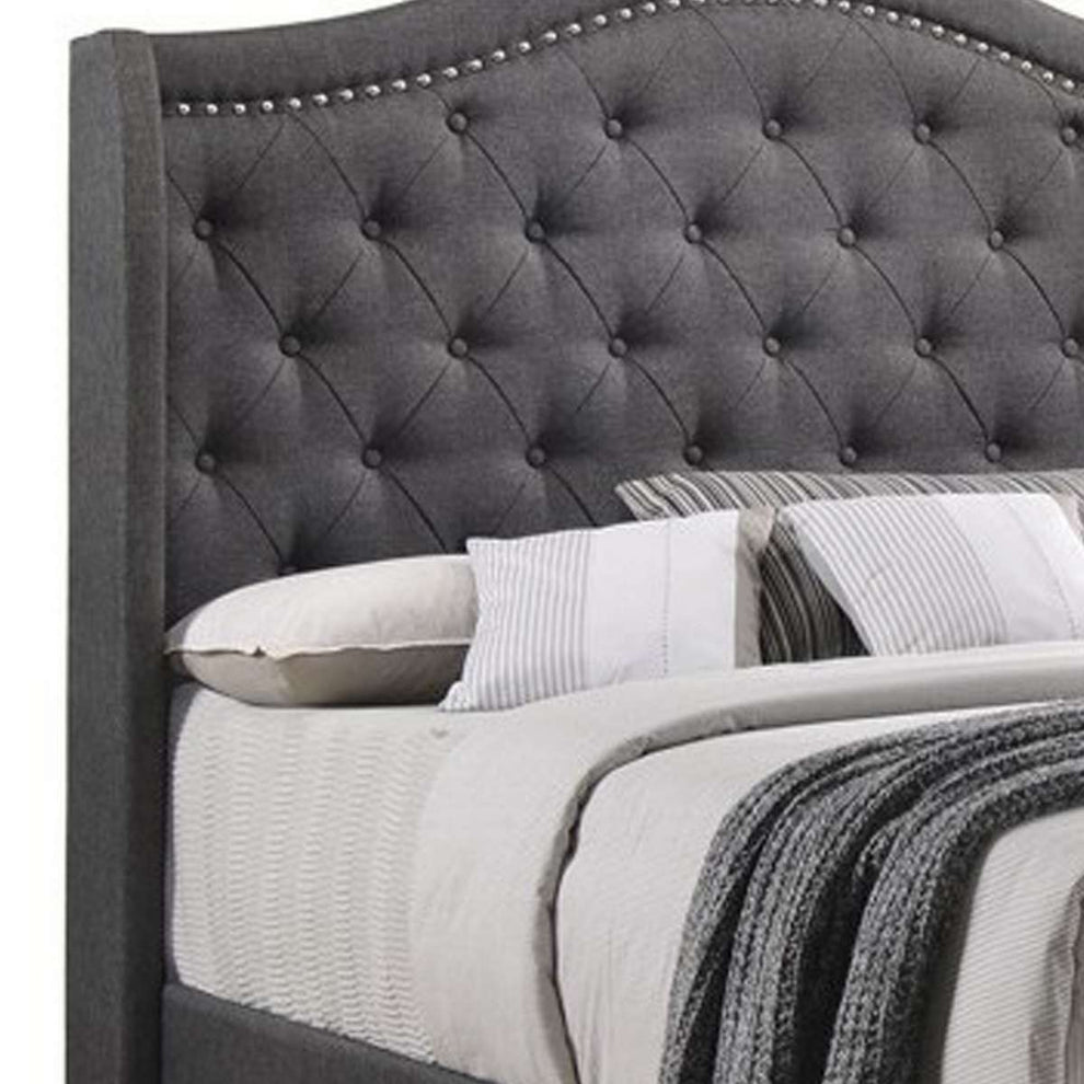Fabric Upholstered Wooden Demi Wing Queen Bed With Camelback Headboard,Gray By Benzara | Beds |  Modishstore  - 2