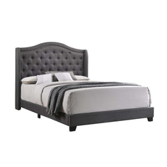 Fabric Upholstered Wooden Demi Wing Queen Bed With Camelback Headboard,Gray By Benzara