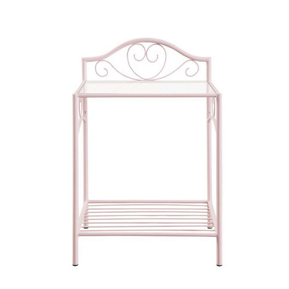 Metal Nightstand With Glass Top And Open Bottom Shelf, Pink And Clear By Benzara | Nightstands |  Modishstore  - 5