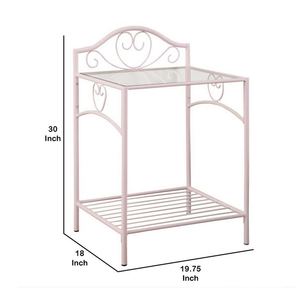 Metal Nightstand With Glass Top And Open Bottom Shelf, Pink And Clear By Benzara | Nightstands |  Modishstore  - 2