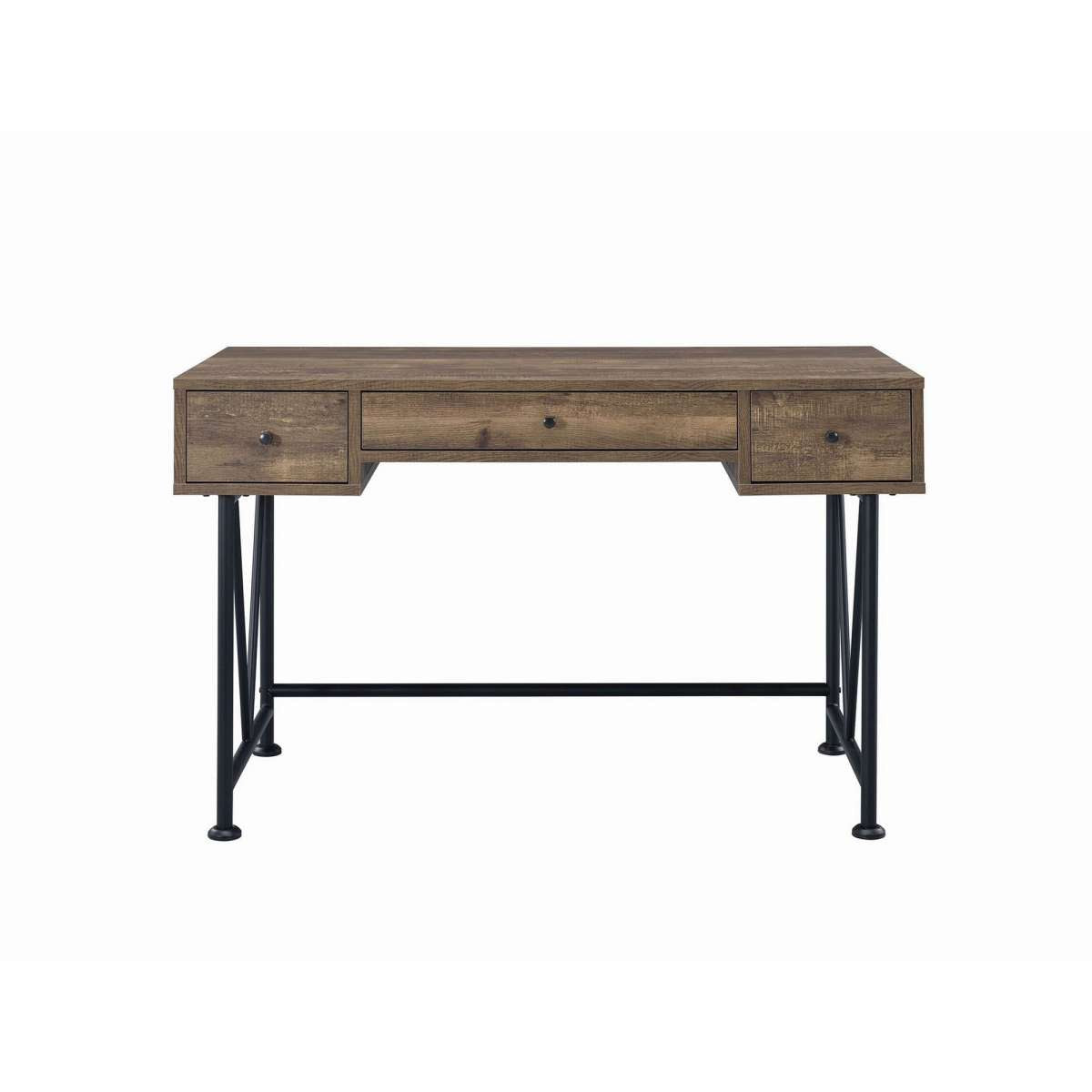Traditional Style Wooden Writing Desk With 3 Drawers, Rustic Oak And Black By Benzara | Desks |  Modishstore  - 5