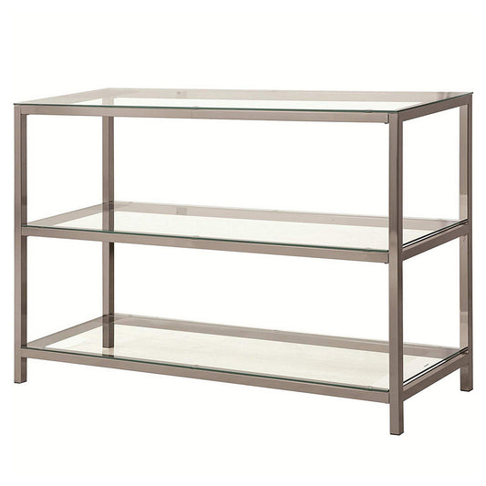 Glass And Metal Frame Sofa Table With 2 Open Shelves, Silver And Clear By Benzara | End Tables | Modishstore