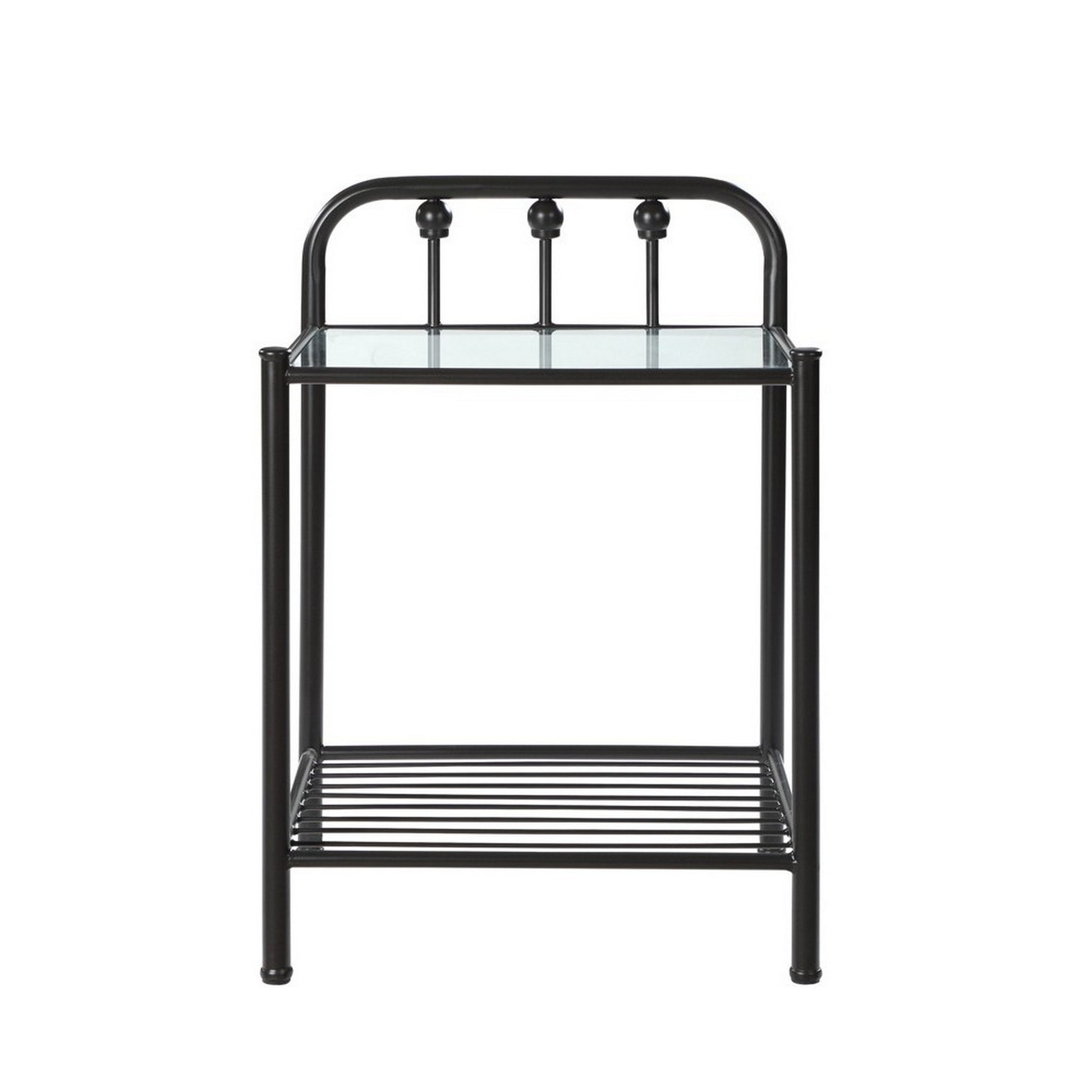 Metal Nightstand With Glass Top And Slated Open Bottom Shelf, Black By Benzara | Nightstands | Modishstore - 2