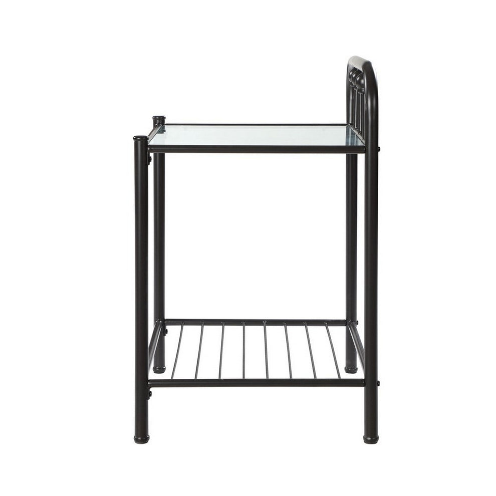 Metal Nightstand With Glass Top And Slated Open Bottom Shelf, Black By Benzara | Nightstands | Modishstore - 3