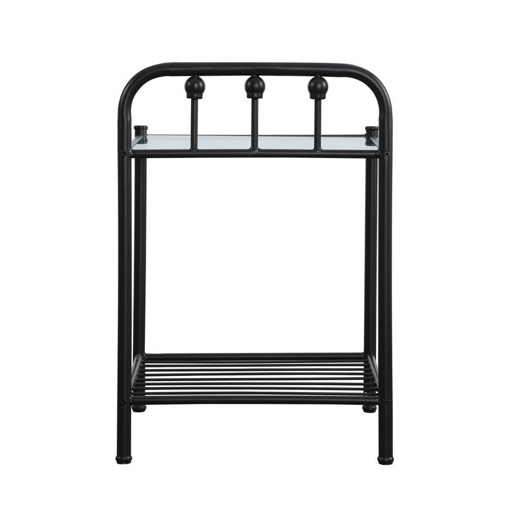Metal Nightstand With Glass Top And Slated Open Bottom Shelf, Black By Benzara | Nightstands | Modishstore - 4