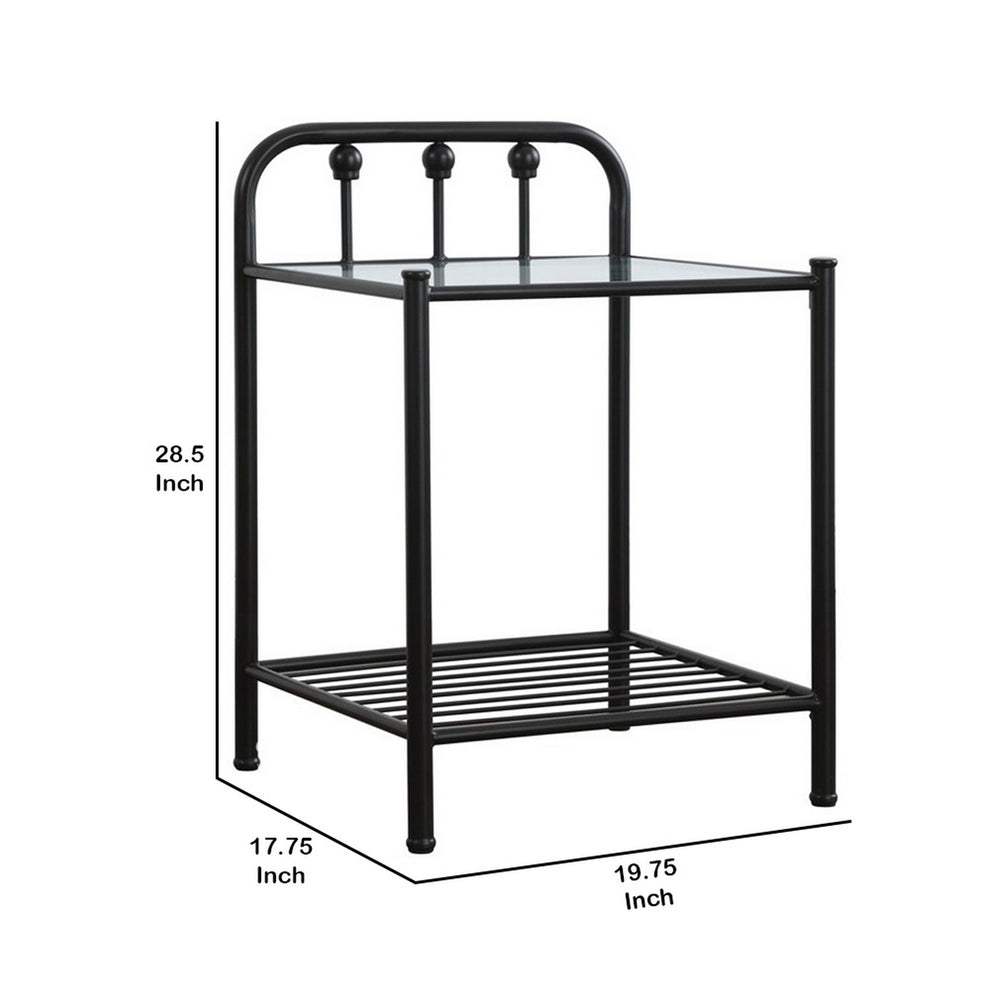 Metal Nightstand With Glass Top And Slated Open Bottom Shelf, Black By Benzara | Nightstands | Modishstore - 5