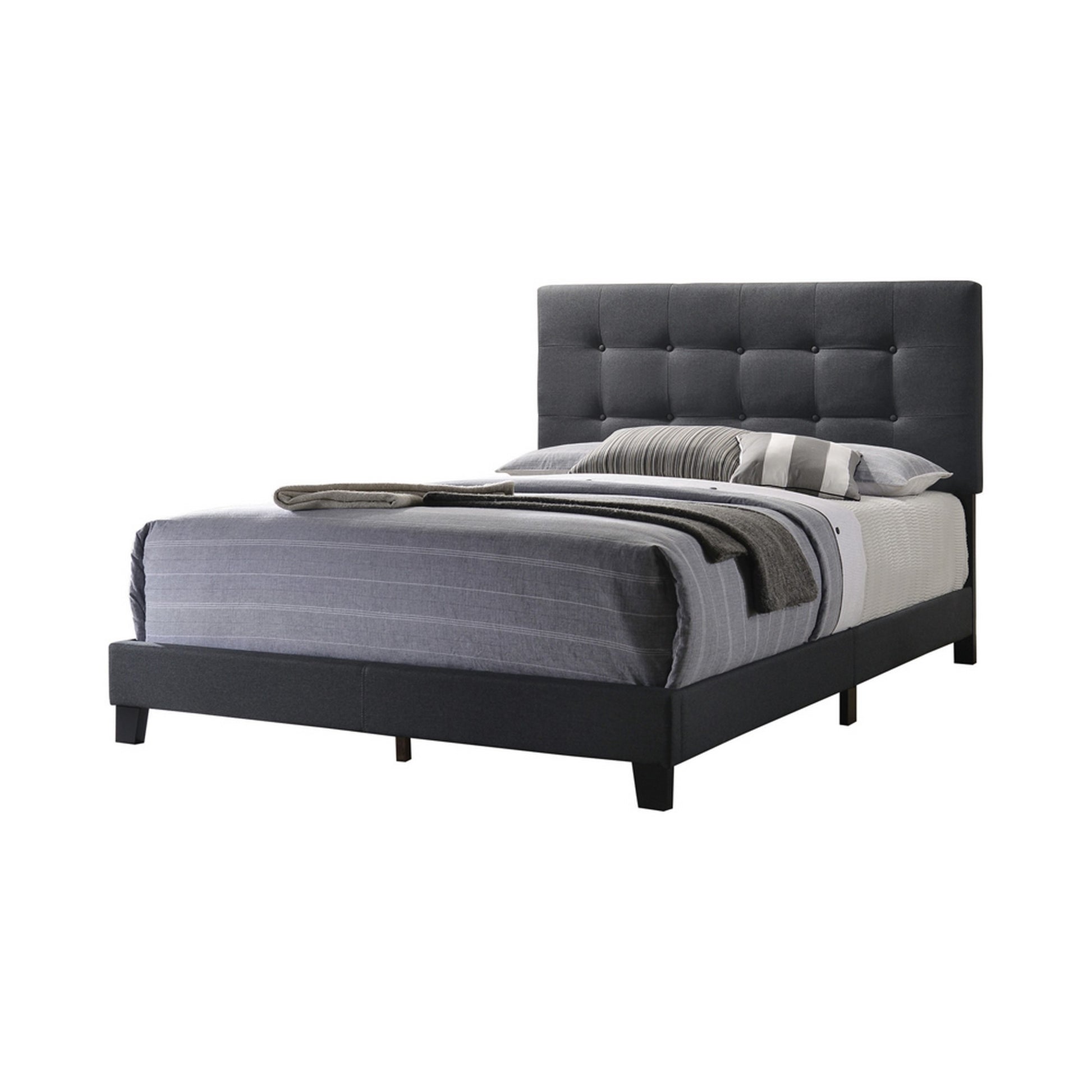 Queen Size Bed With Square Button Tufted Headboard, Dark Gray By Benzara | Beds | Modishstore