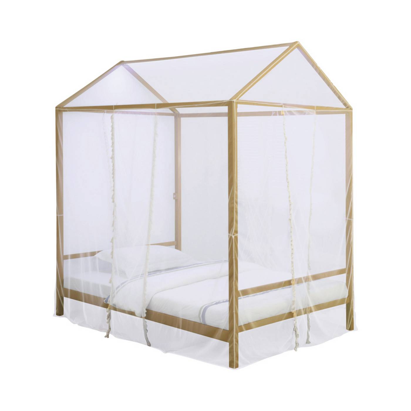 Full Size Metal Canopy Bed With Sheer Net And Overhead Led Lighting, Gold By Benzara | Beds |  Modishstore 