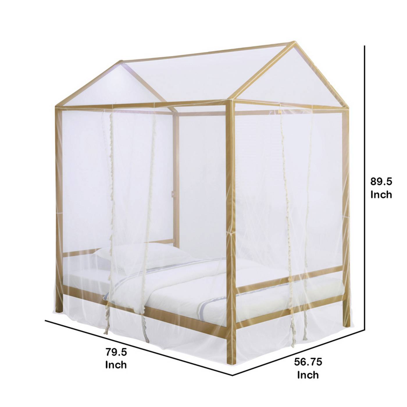Full Size Metal Canopy Bed With Sheer Net And Overhead Led Lighting, Gold By Benzara | Beds |  Modishstore  - 2