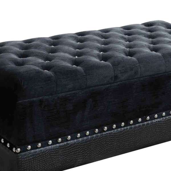 Leatherette Storage Bench With Nailhead Trims And Button Tufted Seat, Black By Benzara | Benches |  Modishstore  - 4