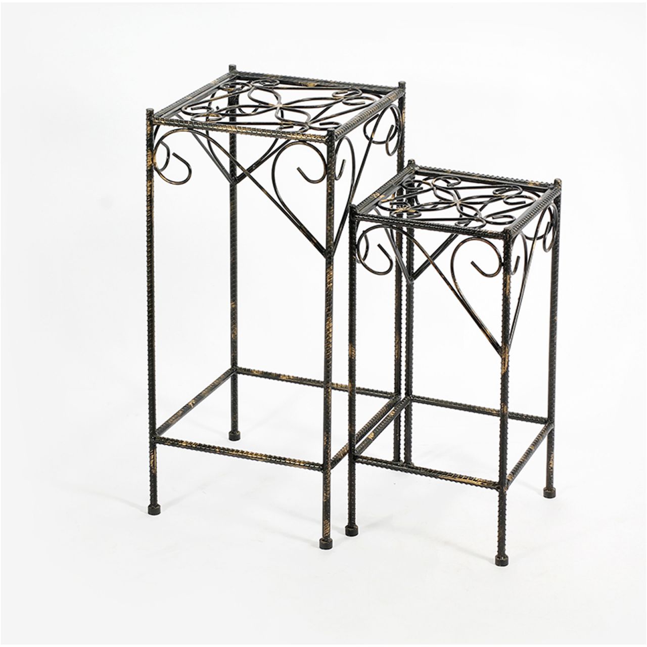 Scrolled Metal Frame Plant Stand With Square Top, Set Of 2, Black By Benzara | Side Tables |  Modishstore 