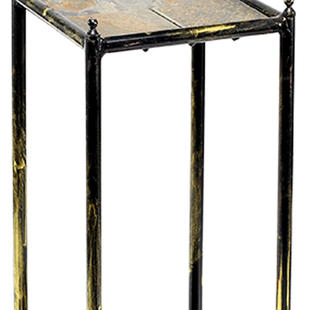 2 Tier Square Stone Top Plant Stand With Metal Frame, Small, Black And Gray By Benzara | Side Tables |  Modishstore  - 5