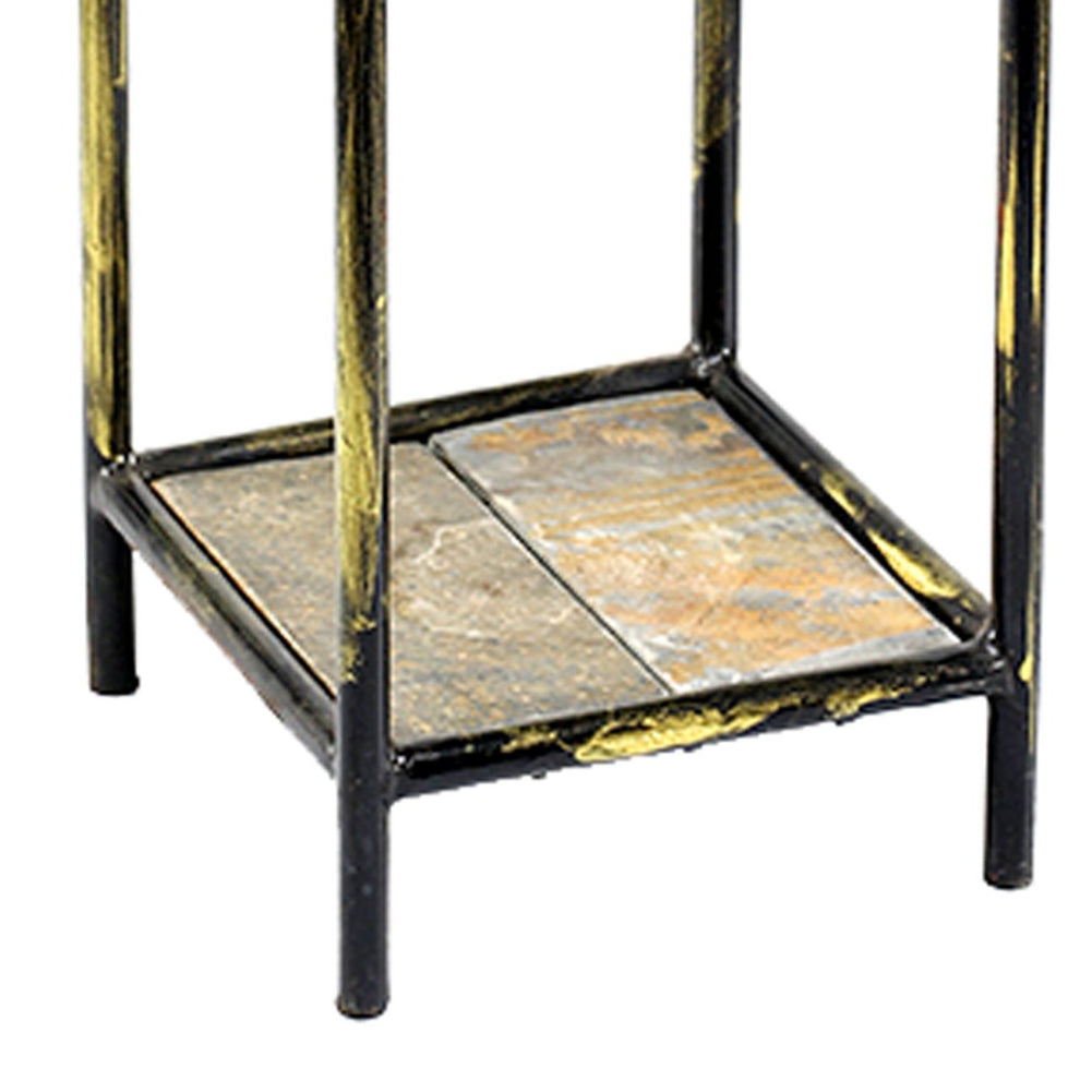 2 Tier Square Stone Top Plant Stand With Metal Frame, Small, Black And Gray By Benzara | Side Tables |  Modishstore  - 3