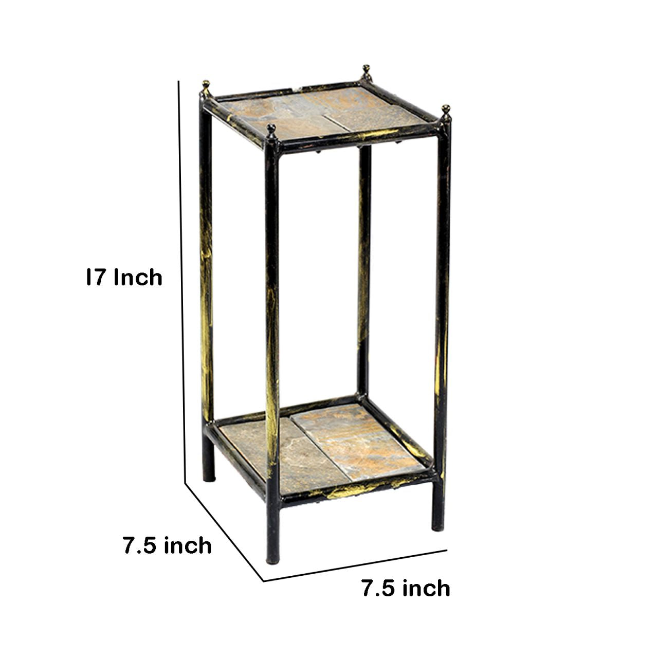 2 Tier Square Stone Top Plant Stand With Metal Frame, Small, Black And Gray By Benzara | Side Tables |  Modishstore  - 2