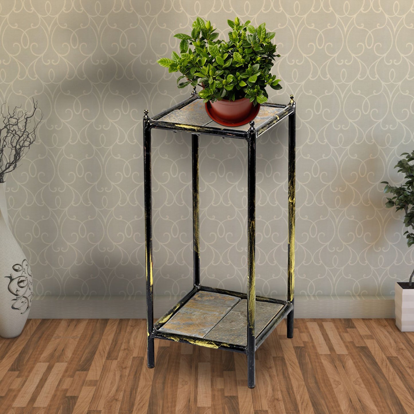 2 Tier Square Stone Top Plant Stand With Metal Frame, Small, Black And Gray By Benzara | Side Tables |  Modishstore 