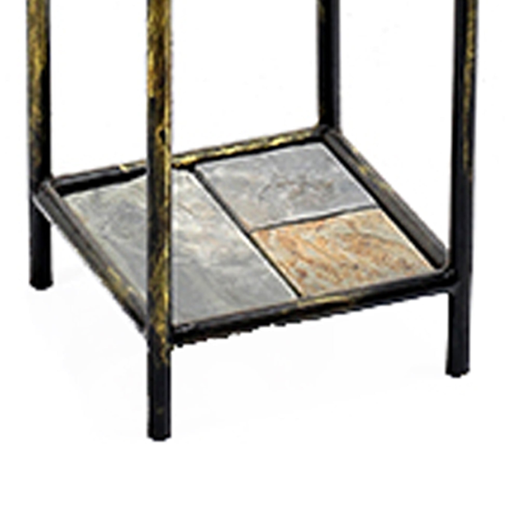 2 Tier Square Stone Top Plant Stand With Metal Frame, Large, Black And Gray By Benzara | Stands | Modishstore - 4