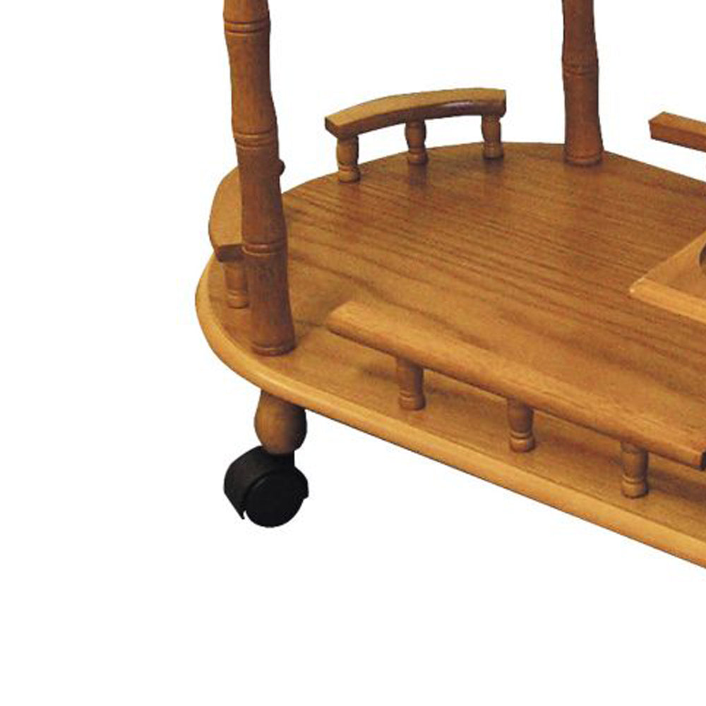 Casters Supported 2 Tier Wooden Wine Table With Turned Legs, Oak Brown By Benzara | Coffee Tables | Modishstore - 3