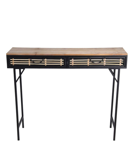 Wooden Top Metal Frame Accent Table With 2 Slatted Doors, Black And Brown By Benzara | Console Tables |  Modishstore 