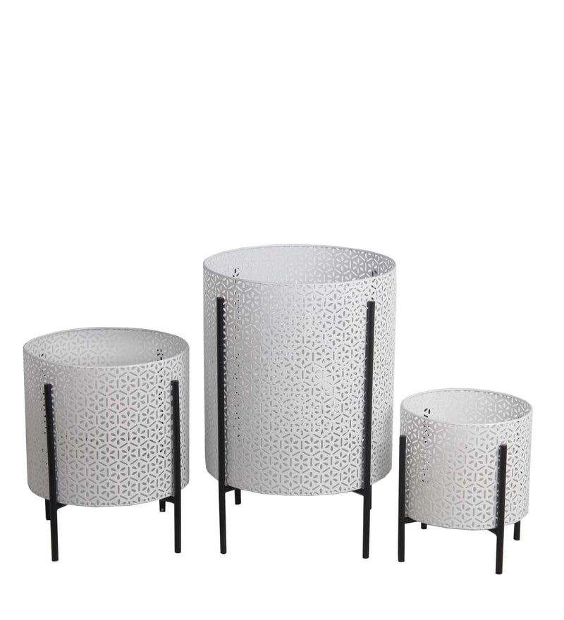 Metal Planters With Floral Hexagon Cut Out Design, Set Of 3,White And Black By Benzara | Planters, Troughs & Cachepots |  Modishstore 