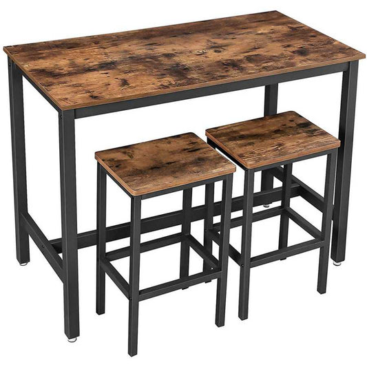 3 Piece Wooden Top Bar Table Set With Tubular Metal Legs, Brown And Black By Benzara | Bar Stools & Table |  Modishstore 