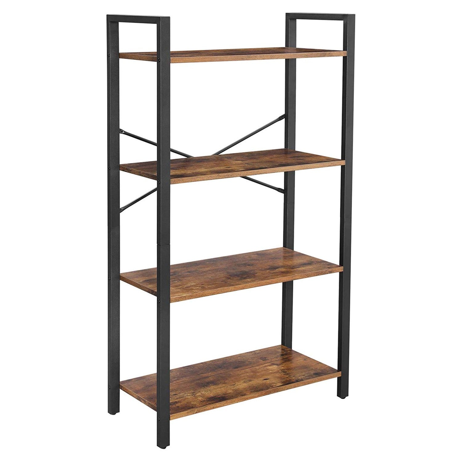 4 Tier Wood And Metal Bookcase With Criss Cross Back, Rustic Brown And Black By Benzara | Bookcases | Modishstore