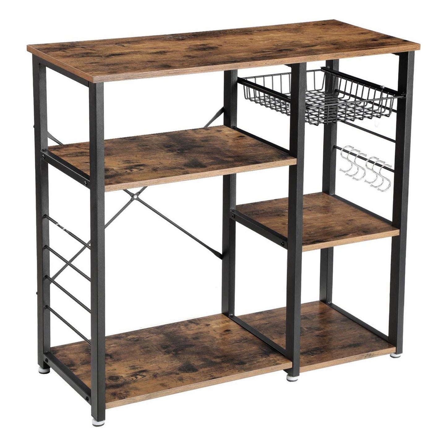 Wood And Metal Bakers Rack With 4 Shelves And Wire Basket, Brown And Black By Benzara | Cabinets |  Modishstore 