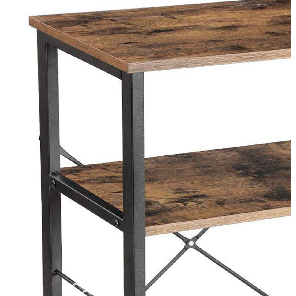 Wood And Metal Bakers Rack With 4 Shelves And Wire Basket, Brown And Black By Benzara | Cabinets |  Modishstore  - 3
