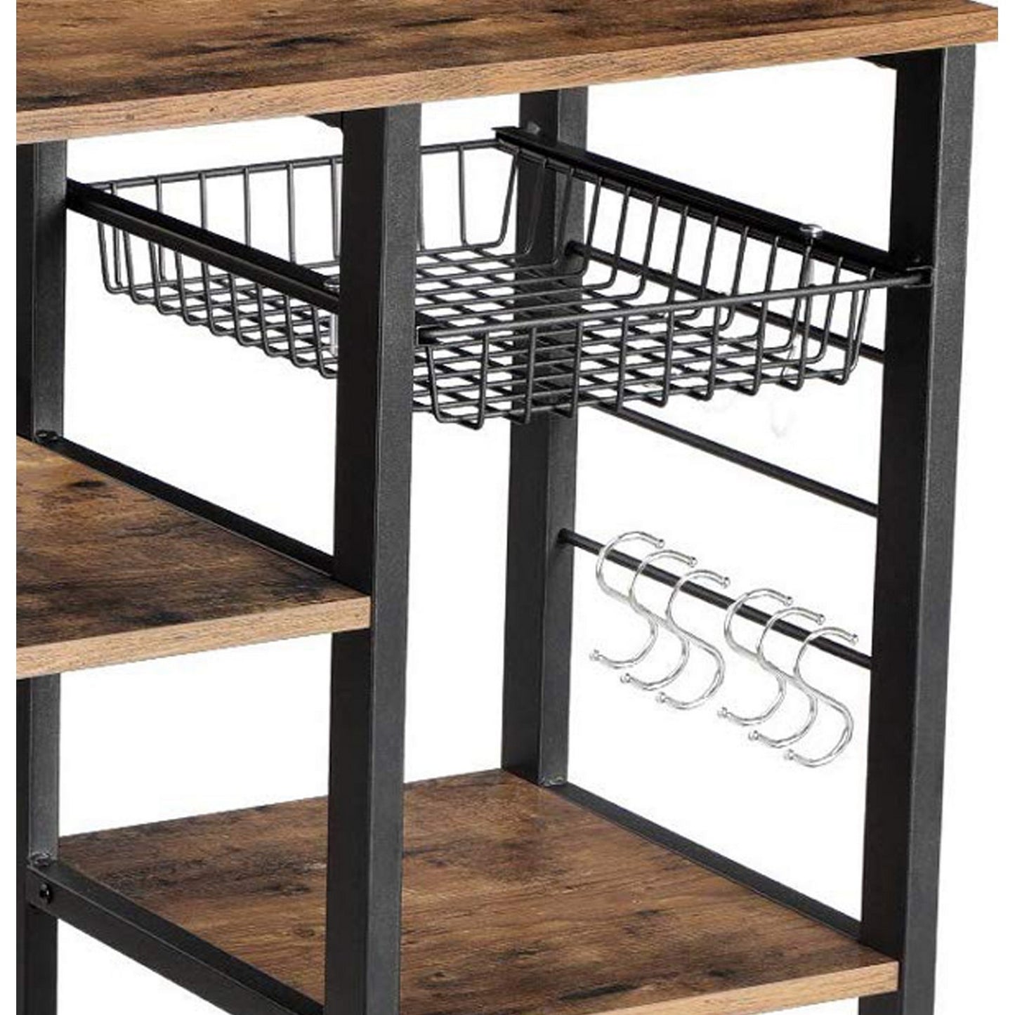 Wood And Metal Bakers Rack With 4 Shelves And Wire Basket, Brown And Black By Benzara | Cabinets |  Modishstore  - 5