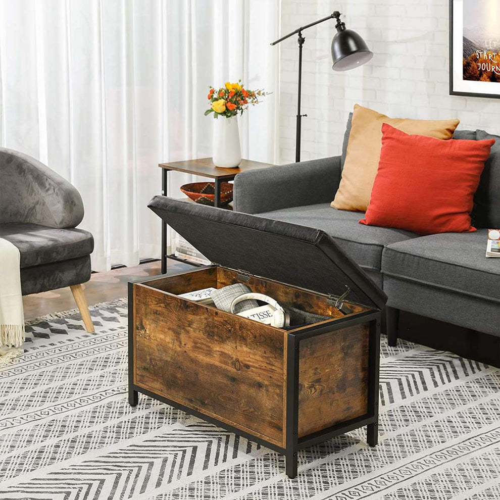 Button Tufted Leatherette Flip Top Storage Bench, Black And Brown By Benzara | Benches |  Modishstore  - 2