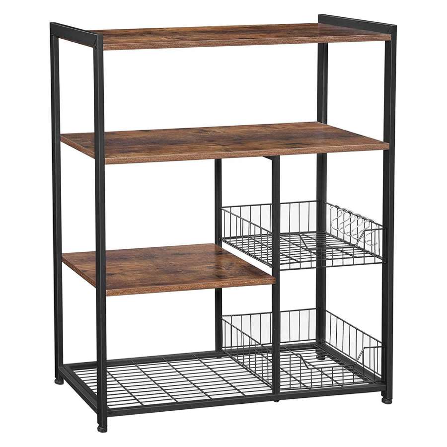 2 Mesh Basket And 6 Hooks Wood And Metal Frame Bakers Rack, Brown And Black By Benzara | Shelves & Shelving Units |  Modishstore 