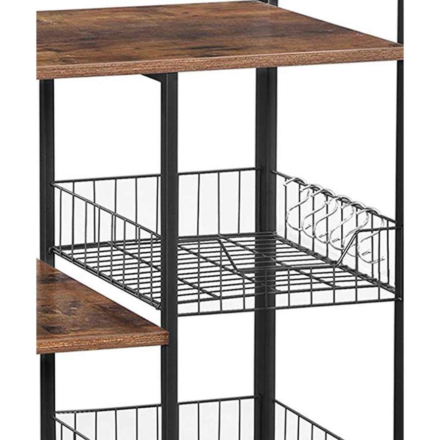 2 Mesh Basket And 6 Hooks Wood And Metal Frame Bakers Rack, Brown And Black By Benzara | Shelves & Shelving Units |  Modishstore  - 4