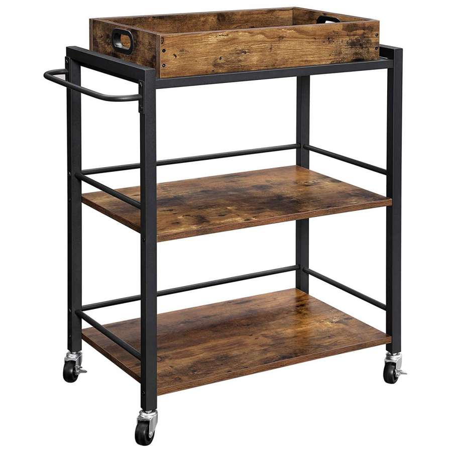 Tray Top Wooden Kitchen Cart With 2 Shelves And Casters, Brown And Black By Benzara | Bar Carts |  Modishstore 