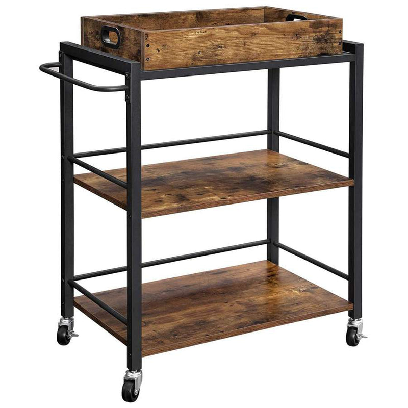 Tray Top Wooden Kitchen Cart With 2 Shelves And Casters, Brown And Black By Benzara | Bar Carts |  Modishstore 