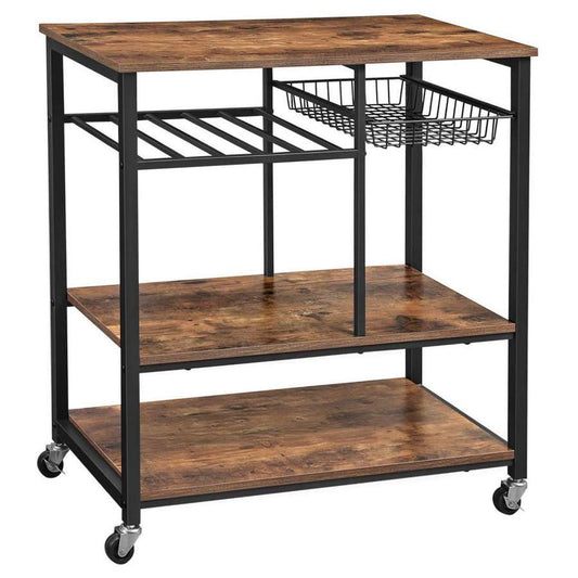 Caster Supported Wood And Metal Kitchen Cart With 3 Shelves,Brown And Black By Benzara | Bar Carts |  Modishstore 